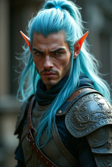 Elf man, pointed elf ears, light blue hair, light elven armor in elaborate leather, dynamic pose, complex fantasy character, cinematic lighting, fantasy, magic, close-up, detailed background, best quality, HDR, 8k, photorealistic, RAW photo, highly detaile...