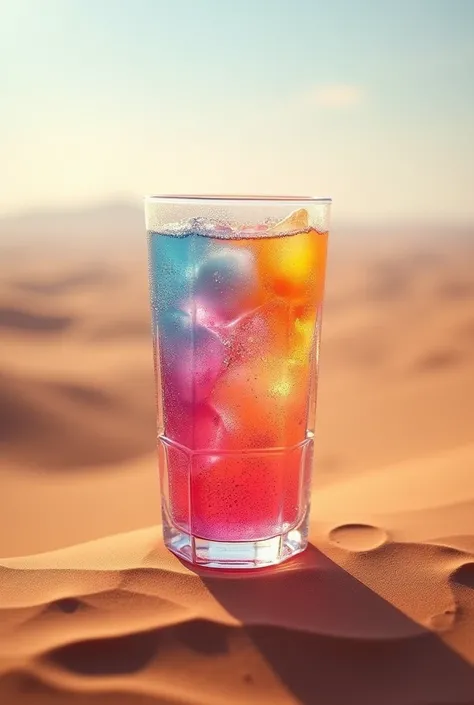 A glass with a multi-colored drink inside with ice cubes inside one of the fog on the glass wall in the desert 