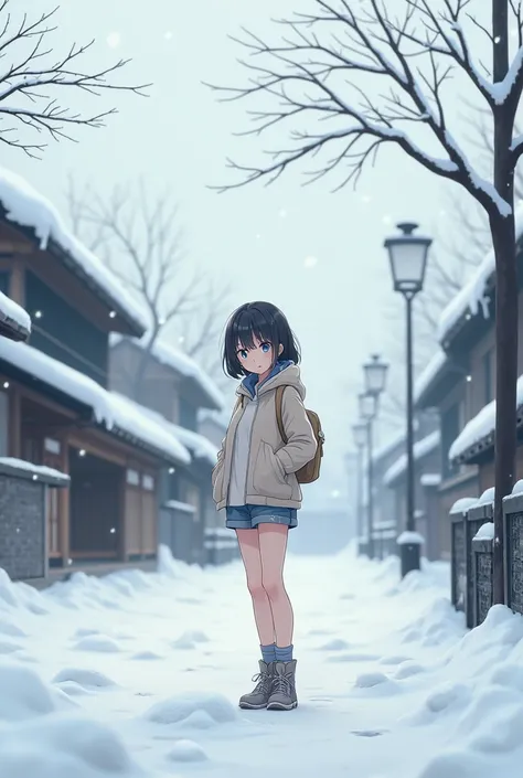 Winter in Japan　girl wearing shorts　 snow is falling 