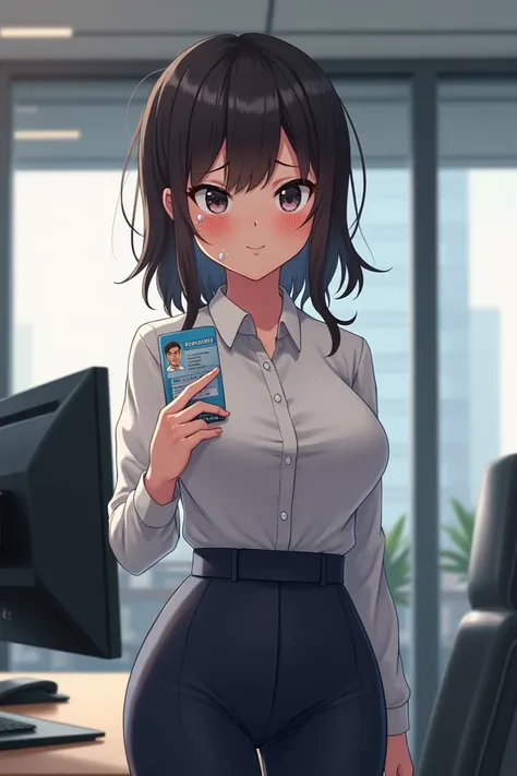 woman、male id card 、anime、 Megami Magazine 、Feminization、Confused face、Big Breasts、tears、Functional、 ties、company employee、 office、blush、