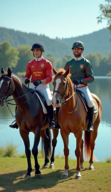 Create an image of two professional male soccer players, Cristiano Ronaldo and Lionel Messi, dressed in jockey outfits, riding horses side by side near a serene lake. Both athletes are wearing traditional jockey attire with helmets, breeches, and boots, an...