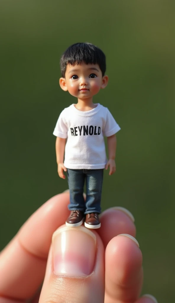 a petite Filipino young man wearing a white t-shirt that says "REYNOLD", the size of a human finger, is shown very close up while standing on a
human finger. The human body and all the fingers that support it are in sharp, textured focus
details. Capture e...