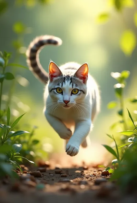 white cat with gray stripes running for food