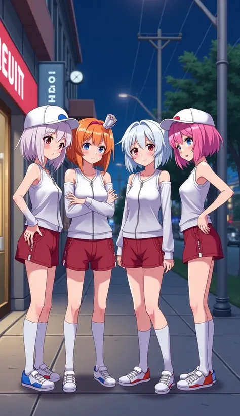 masterpiece,  top quality,  high definition ,  very detailed,(((Four cute girls))), ((( Japanese anime ))), ((( pretty girl with iridescent hair ))), (((pretty girl with white hair ))), ((( pretty girl with orange hair wearing a red light))), ((( pretty gi...