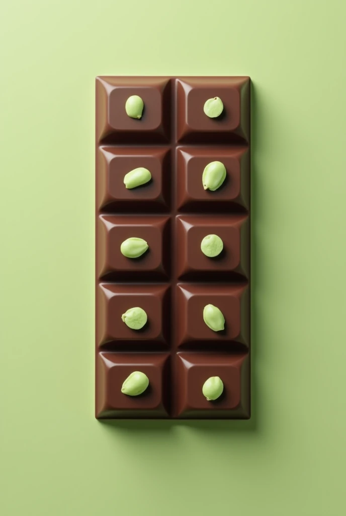 an isolated chocolate bar ,  blocks on the front and with soft pistachio-colored green spots all over the chocolate, It must be separated into 
