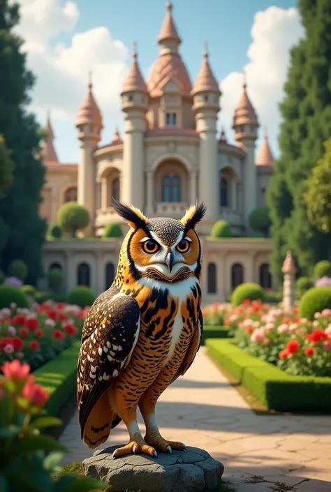 A majestic owl standing in front of a luxurious palace, showcasing intricate and ornate architecture with detailed carvings, grand arches, and towering spires. The palace is surrounded by lush green gardens, with vibrant flowers, manicured hedges, and tall...