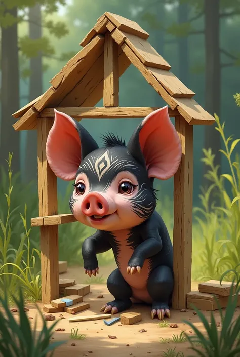 The piglet has a black pattern that builds a house out of wood, but its not strong enough.