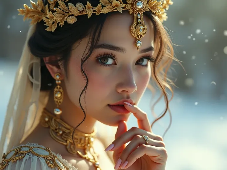 A woman putting her finger on her lips、 with soft, dreamy 8mm lenses 、 natural gold crowns and leaves 、 and Arabian Dev Brahmas portrait from space decorated with pasta,  ether dress .  soft snow sky .  uses 8K high image quality .  Greg Lutkowskis art sty...