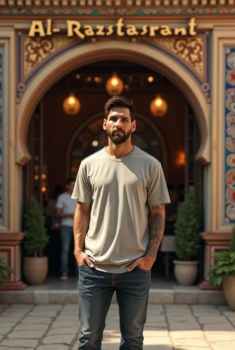 Lionel messi standing in front of a restaurant 
The restaurant should be named Al Razi restaurant 