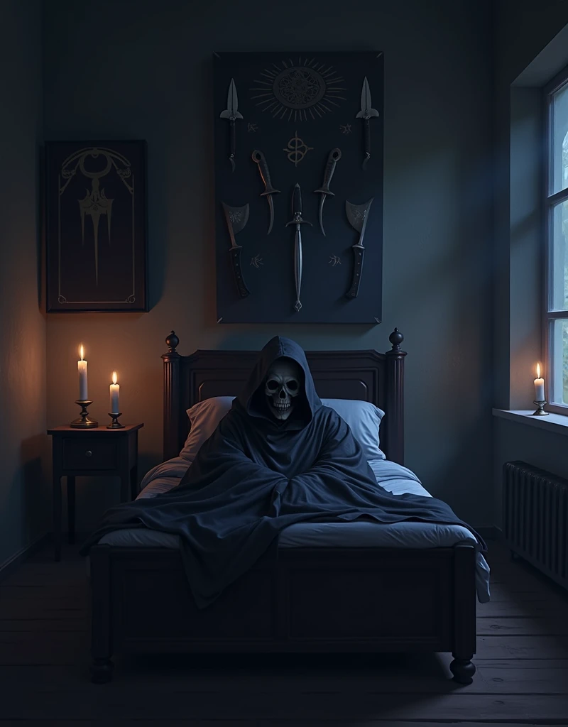 hooded man on bed , Lying with a skull face in a dark place with candles and paintings of symbols and knives swords and axes