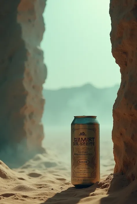 A can of spirit with fog on the walls placed in the desert 