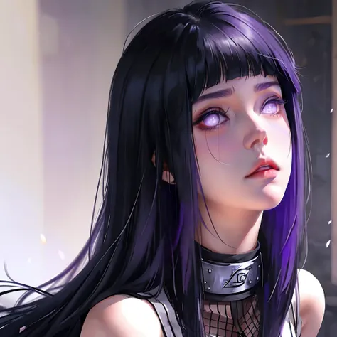 1girl, adult, Hinata Hyuga, the last, shy girl, long black hair, blunt bangs, dark hair, Voluminous hair, lavender eyes, no pupils, Lavender Sleeveless Blouse, big breasts, slim waist, masterpiece, best quality, Professional, realistic.