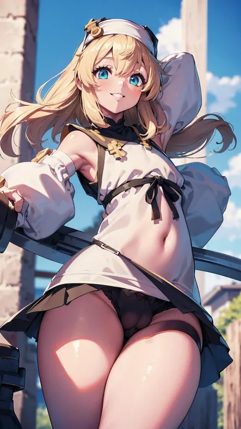 ( best quality , 8k, 32K, masterpiece,  super high resolution:1.2),  Guilty Gear, Bridget, Blonde,  long hair,  Tiny Bodies, fun,  cute smile,  Blue Sister Clothes ,  flat chested, Daughter of a man, panties small phimosis penis,  stick out your butt, Thic...