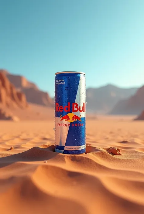 Une cannette redbull avec de la buée sur les parois posée dans le désert 