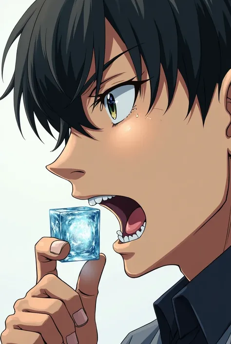  A man put ice cube on roof of his mouth. Anime pic look realistic.