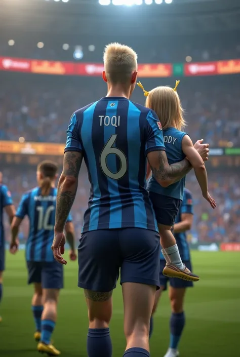 Back Views Young American ,  short hair, buzz cut blonde, white pele, well defined muscular body Tattooed muscular athletic body ,  neck and arm tattoo, wearing dark yellow and navy blue striped jersey with number 6 and the name Toqi on top of Manchester C...