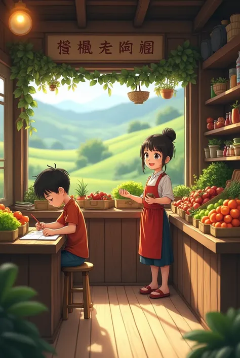 a very clear ultra HD dynamic story image of   "A simple countryside shop run by a mother; the woman smiles as she sells vegetables while her young son studies diligently at a small table nearby."