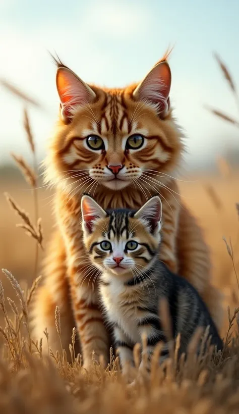 "A large, fluffy father cat sits in front of his tiny kitten, shielding him from a gust of wind in an open field. The kitten peeks out from behind his father, his wide eyes filled with trust and safety as the tall grass sways around them."