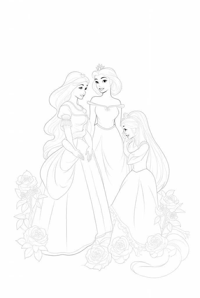 Jasmine, Belle, Blanche neige, Raiponce sont avec des rosiers. Dessin en noir et blanc à colorier