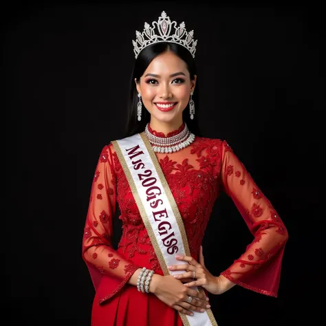  Photo of young female model in Malay style smiling , bright leather Indonesian red dress white combination sparkling long sleeve standing both hands on waist, wears a sash inscribed  "MISS ESS 2025 " smiling facing the front camera , diamond accessories ,...