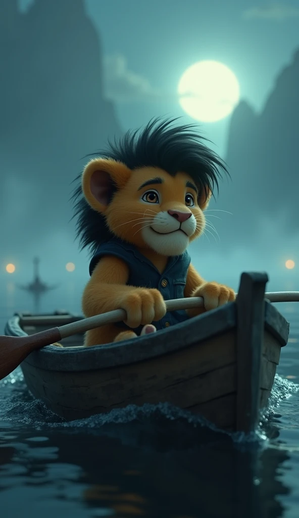 “Leo, a 4-month-old male baby lion with fluffy, golden body and black long Hair style , wearing a small, navy-blue nightshirt and black pant and no footwear, 

alert eyes, sits in a rickety wooden boat. The background features an eerie, fog-covered ocean w...