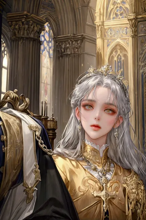 (masterpiece),( very detailed ) ,( Very detailed), ( beautiful face ), ( perfect face ), Silver hair, Golden eyes, elegant face, Board shoulder,  wearing pope clothes,  romance fantasy , 20s, male, Alone, Cathedral background
