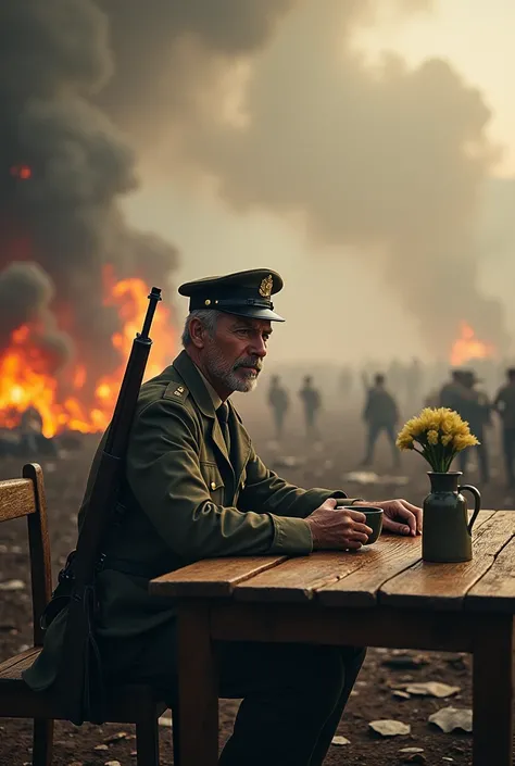 A surreal moment during the Indonesian War of Independence: a Dutch soldier in colonial uniform with a rifle share coffee at a wooden table. He sit calmly amid a chaotic battlefield of explosions, gunfire, and destruction.