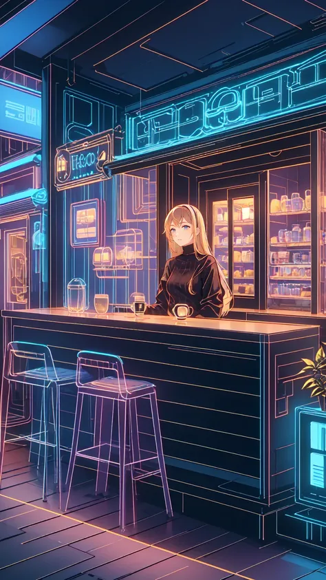 " Detailed illustration of a young girl sting in front of a cozy coffee shop.   she has long blond hair 、   wears a black turtleneck   ,   red skirt  , 、large plaid coat  .   coffee shop behind her  、  warm lighting with visible signs  .  the mood is calm ...