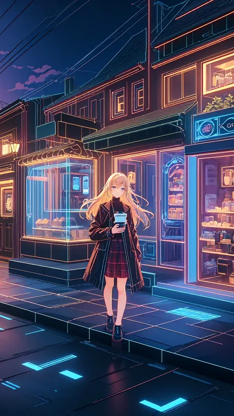 " Detailed illustration of a young girl sting in front of a cozy coffee shop.   she has long blond hair 、   wears a black turtleneck   ,   red skirt  , 、large plaid coat  .   coffee shop behind her  、  warm lighting with visible signs  .  the mood is calm ...