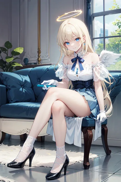  very detailed ,   masterpiece  ,     is the best quality  , ,     soft smile , Smile gently,  Modern style living room ， blue eyes ,   long hair , blond,  bangs, Halo， blue and white off-the-shoulder pleated skirt，white lace socks 、Blue high heels、White g...