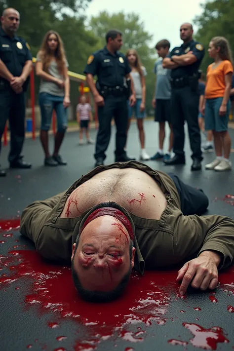  I want you to generate a photo of a fat bald man ,  bleeding and lying on the floor of a school recess with police and teachers around, Also add students to the background of the image 