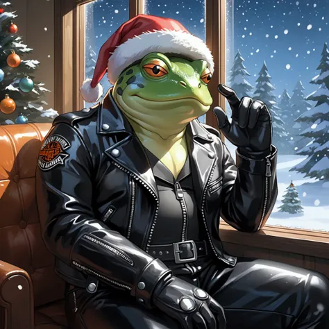 Closeup, Studio Ghibli Cartoon, An extremely badass light blue and white bullfrog with a bold, stylish look, wearing an insanely cool black leather Harley Davidson biker jacket open, with zipper details, Santa hat, black shirt, black leather biker gloves, ...