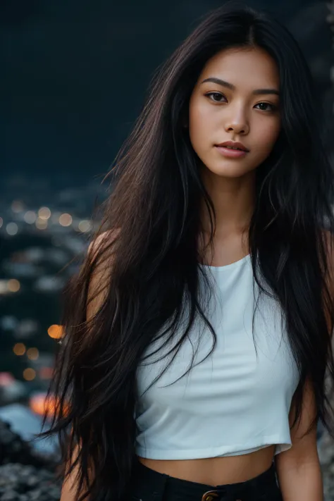 arafed woman with long black hair standing on a mountain flowing black hair, with black hair, photo of a beautiful woman, long flowing black hair, pink golden hour, curly black hair, beautiful young asian woman, beautiful asian woman, wild ginger hair, bla...