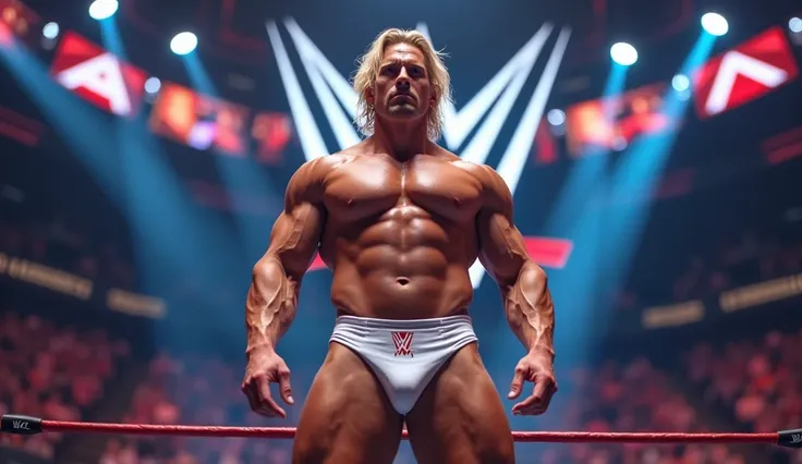 FROM FRONT VIEW,sexy wrestler(( open show sexy revealing white thongs making the crotch look bigger prominent bulge male focus suit)) ring logo wwe blonde hair, masculine and viril from front view full body view taken from below so the crotch look bigger ,...