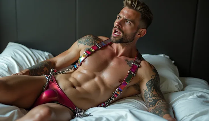 Fullbody picture of white skin Handsome muscular horny nude sexy gay man wearing sexy shiny iridescent latex harness, shiny black Disconnected Pompadour oiled hair style, blue eyes, shiny varnished vinyl shoes, red lip, chain, tattoos, horny, cum shot, spe...