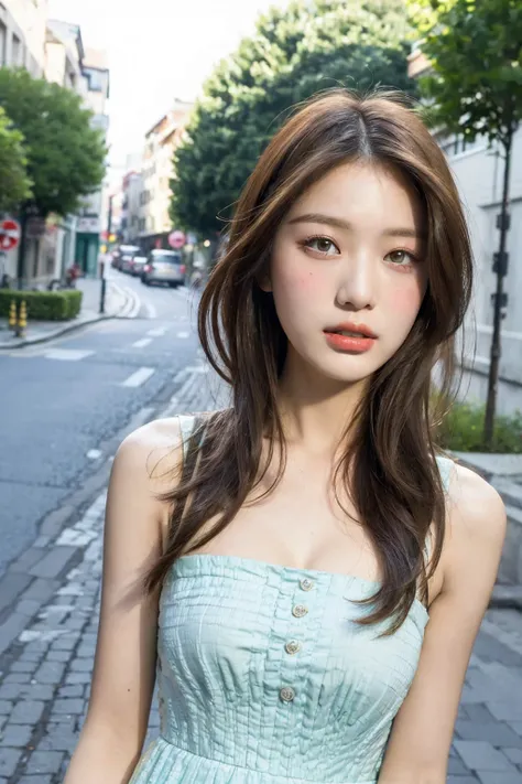 (( Best Quality，masterpiece:1.3))，1girl，18 years old，Asian， quiet street scene， textured skin， high detail ，(Reality: 1.4)，( background blur:1.3)，Colourful dresses，Beautiful breasts，Slim waist， Tall and slim figure:1.2，( skin texture:1.2)，(Hot summer weath...