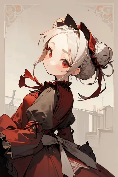          short white hair   , ((         Masterpiece      :1.2)). ((red gothic lolita dress :1.35).((   very cute  :1.2)).((    Details)).Front、          upward glance       。((   has 2 knots in the hair)).(().((There are 2 knots in bun  )).((cat&#39;mouth...