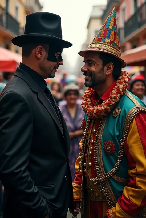 a man in a black suit with a mask that covers half his face talking to a buffoon quietly at a festival