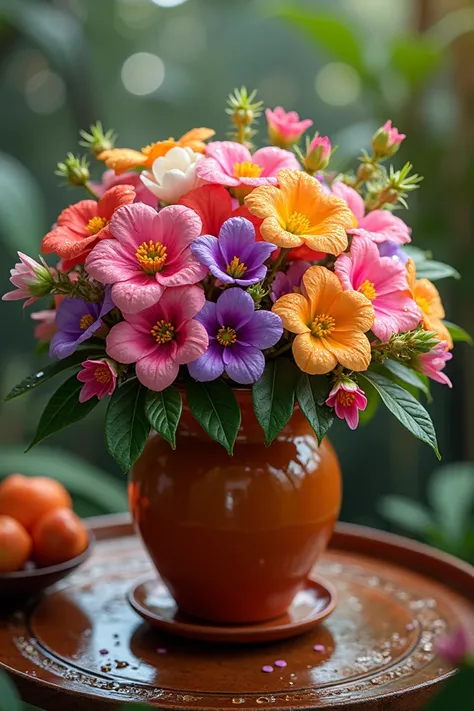 A garrón with beautiful flowers and many colors with drops of water on them and a background of nature