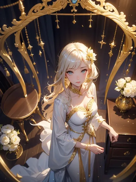  perfect composition on the board。 angle from above 。 Portrait of the Queen working in the office 。 golden eyes。Completely short and upstyled silver hair 。 wearing white flowers and gold hair ornaments 。 golden eyesは、 giving an intellectual and ruthless im...