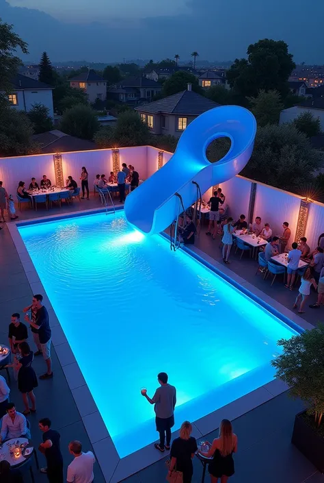  Outdoor nightclub with a rectangular pool and a blue spiral slide at the bottom of the pool. Behind the slide you can see houses behind the white wall and people having drinks  