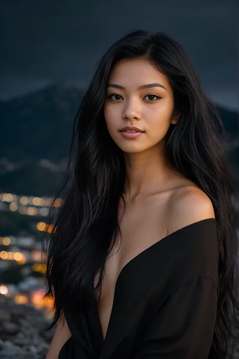 arafed woman with black hair standing on a mountain flowing black hair, with black hair, photo of a beautiful woman, long flowing black hair, pink golden hour, curly black hair, beautiful young asian woman, beautiful asian woman, wild ginger hair, black wi...