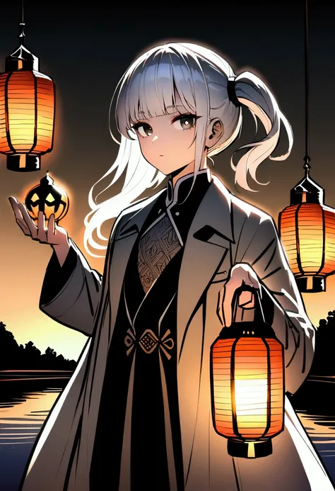  side ponytail ,  high resolution, absurdres, HDR, 9 seconds ,  white hair with bangs , black eye,  superb eyes ,Dark circles,  good-looking, 1 person only ,  very detailed face , black river ,traditional Korean overcoat, lantern in one hand