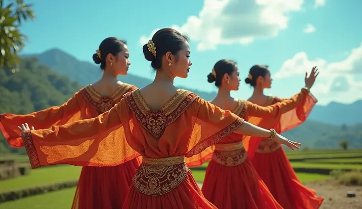  and 4 beautiful women from Indonesia  ( ,  the gyphon dance swings )   、 wear shawls using brown batik singans on their shoulders,  wear a gold belt ,  hair is tied neatly at the back 、 is decorated with small hairpins ,  The background of the mini headpi...