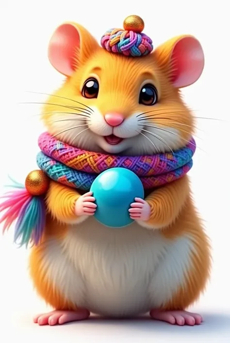 Kaleidoscope Hamster: A fluffy hamster with a multicolored scarf, holding a bright blue sunflower seed, on a white background.

