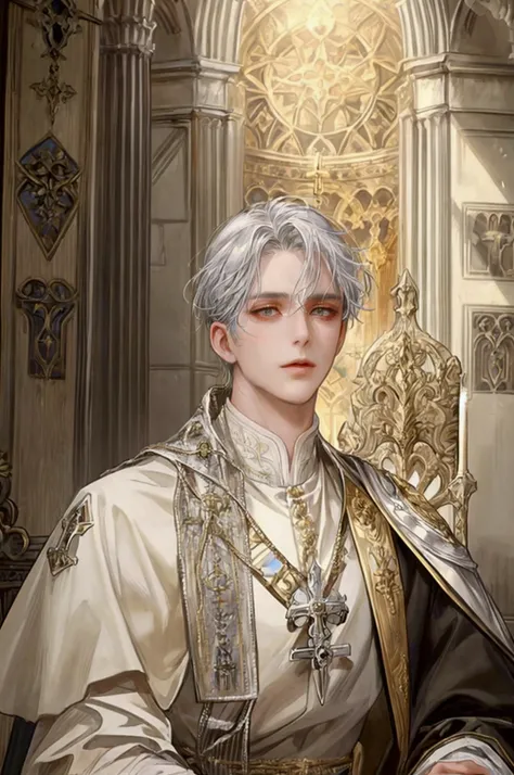 (masterpiece),( very detailed ) ,( Very detailed), ( beautiful face ), ( perfect face ), Silver hair, Golden eyes, elegant face, Board shoulder,  wearing pope clothes,  romance fantasy , 20s, male, Alone, Cathedral background
