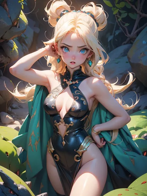 nsfw:1.3,(((Naked beautiful girl make love the Kon monster from Dragon Quest in the cave))),open mouth,(weakness:1.3),heavy breathing,blush,bottomless,topless,blonde hair,single braid,upward breasts,waist slender,curvy body,(((green_big eyes))),enchanting ...