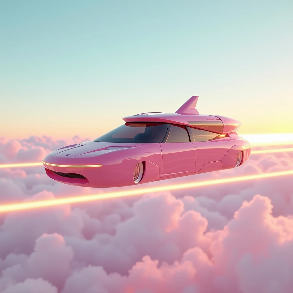 Pink luxury popsicle vending car in the sky, automatic driving with golden laser 