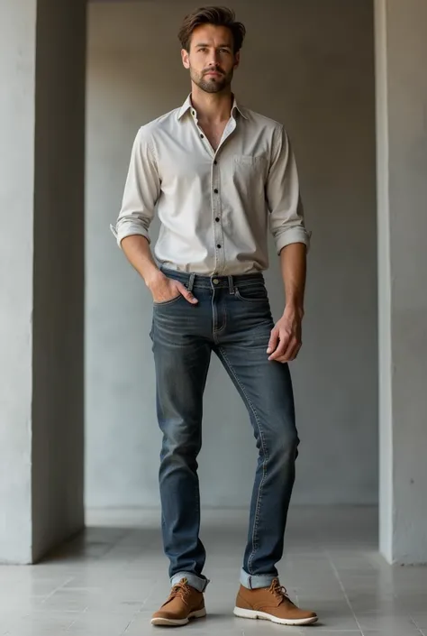 "A stylish male model wearing earthy neural denim jeans, showcasing both front and back poses. The jeans feature a slim-fit design with clean stitching, subtle fading, and a soft, matte finish. The front view highlights the button-fly closure, while the ba...