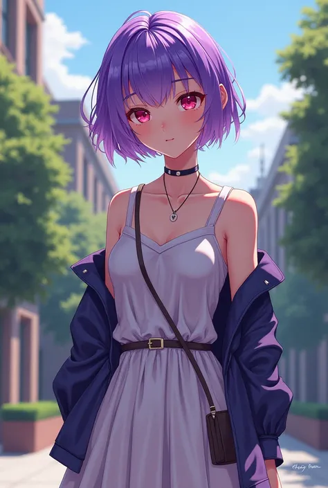 Beautiful Girl Short Hair Purple Red Eyes University Dress